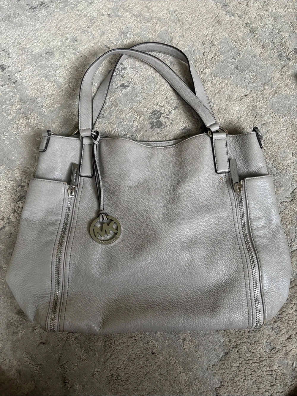 Michael Kors Light Gray Pebbled Leather Shoulder Tote with MK Charm